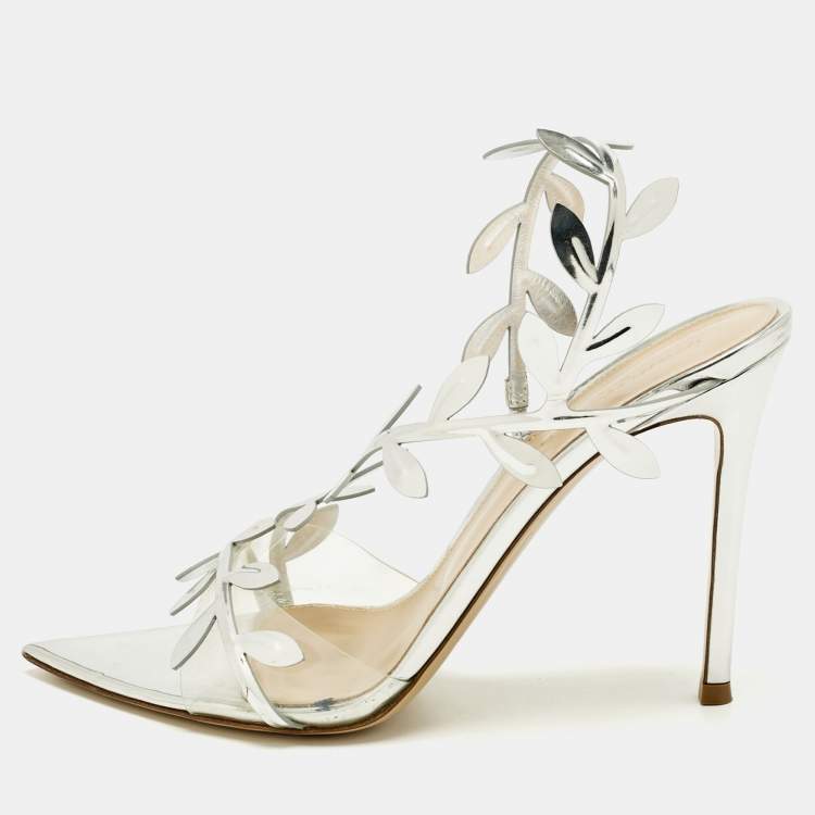 Pre Owned Gianvito Rossi Silver Leather and PVC Flavia 150 Slingback Sandals Size 39