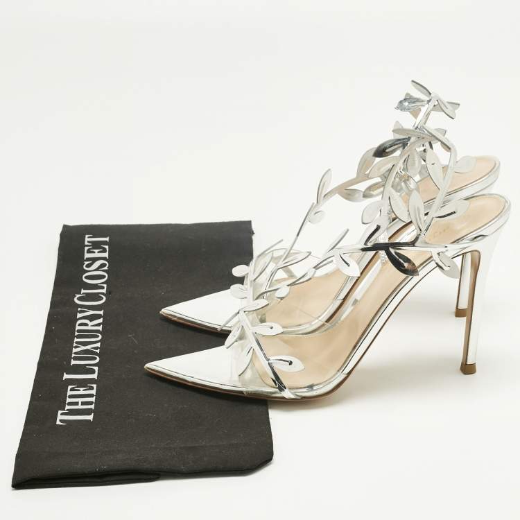 Pre Owned Gianvito Rossi Silver Leather and PVC Flavia 150 Slingback Sandals Size 39