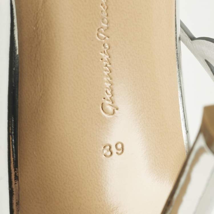 Pre Owned Gianvito Rossi Silver Leather and PVC Flavia 150 Slingback Sandals Size 39