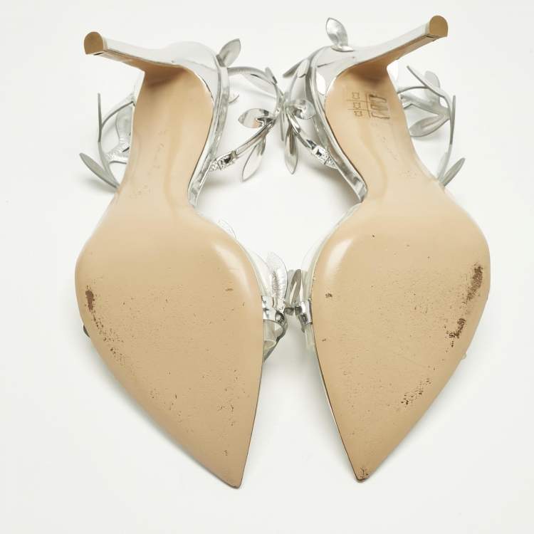 Pre Owned Gianvito Rossi Silver Leather and PVC Flavia 150 Slingback Sandals Size 39