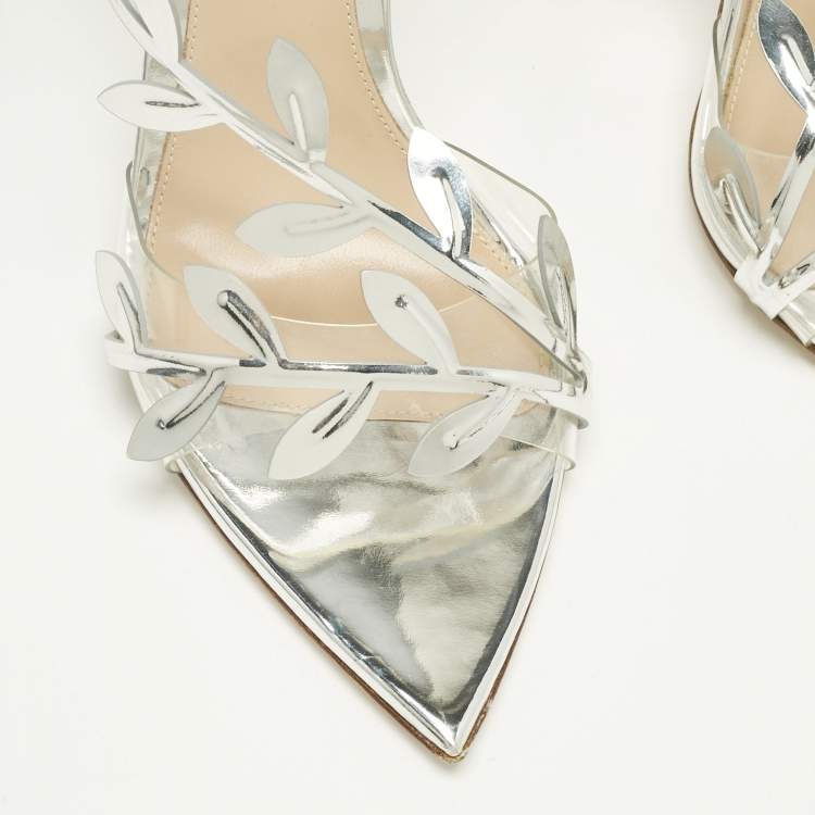 Pre Owned Gianvito Rossi Silver Leather and PVC Flavia 150 Slingback Sandals Size 39