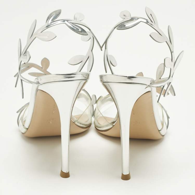 Pre Owned Gianvito Rossi Silver Leather and PVC Flavia 150 Slingback Sandals Size 39