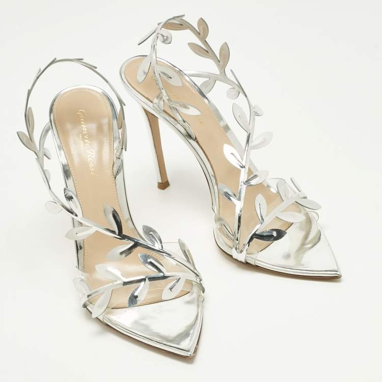 Pre Owned Gianvito Rossi Silver Leather and PVC Flavia 150 Slingback Sandals Size 39