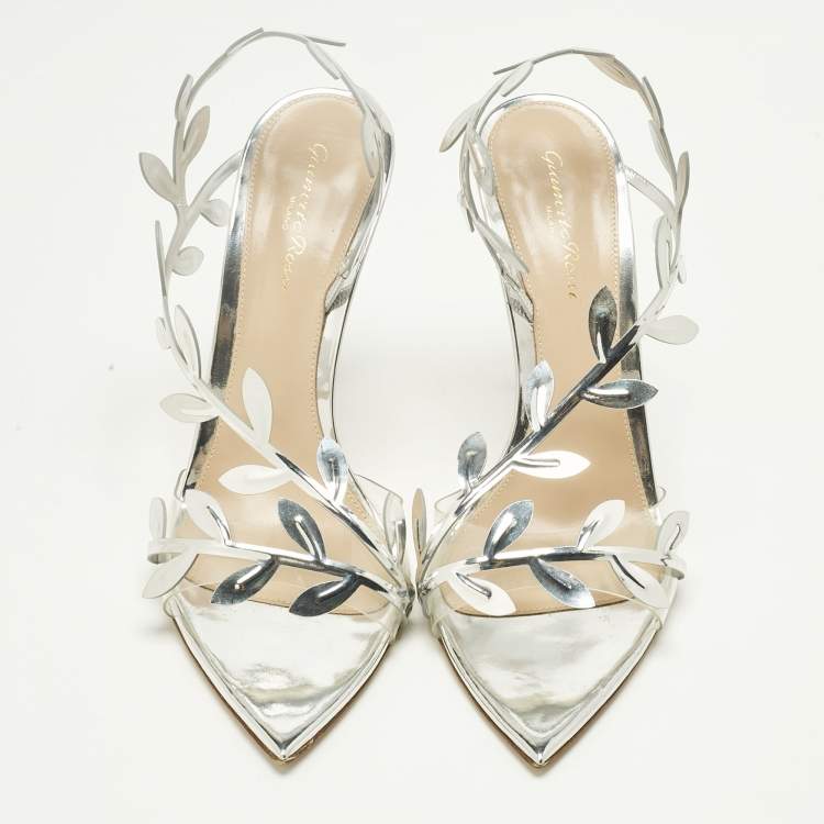 Pre Owned Gianvito Rossi Silver Leather and PVC Flavia 150 Slingback Sandals Size 39