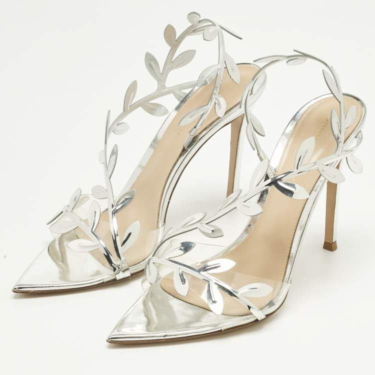 Pre Owned Gianvito Rossi Silver Leather and PVC Flavia 150 Slingback Sandals Size 39