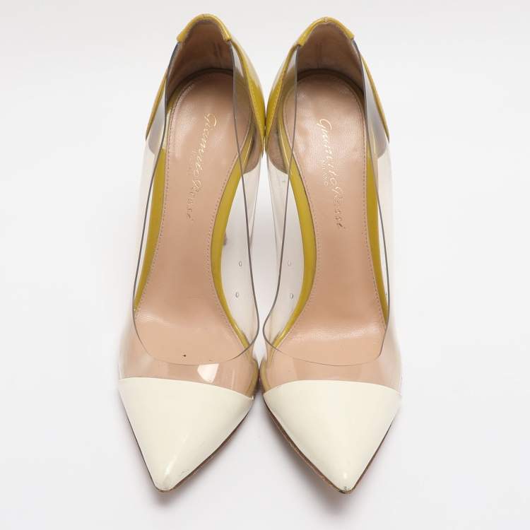 Pre Owned Gianvito Rossi Cream/Yellow Patent Leather And PVC Plexi Pointed Toe Pumps Size 35