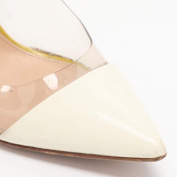 Pre Owned Gianvito Rossi Cream/Yellow Patent Leather And PVC Plexi Pointed Toe Pumps Size 35
