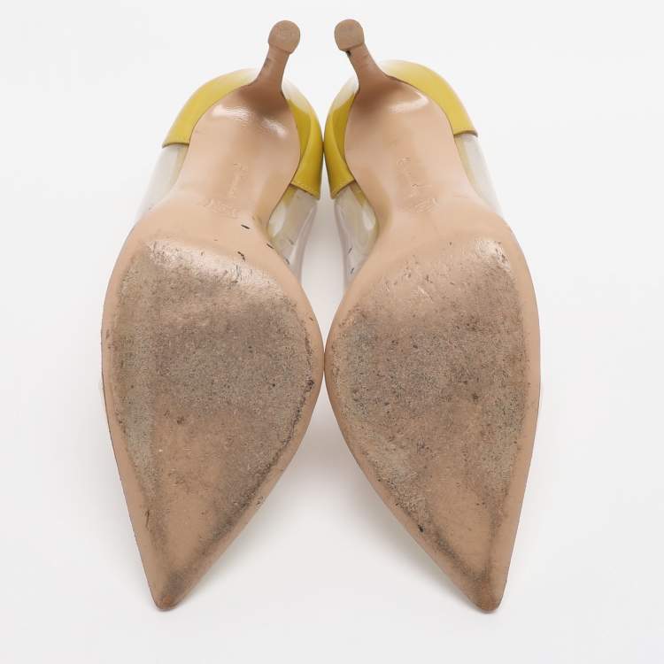Pre Owned Gianvito Rossi Cream/Yellow Patent Leather And PVC Plexi Pointed Toe Pumps Size 35