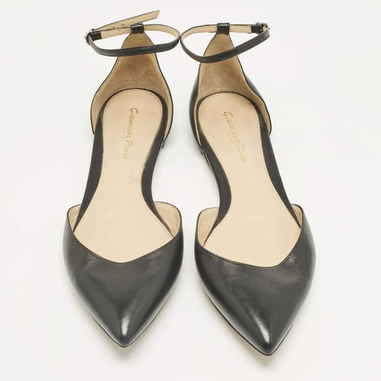 Pre Owned Gianvito Rossi Black Leather Gia Ankle Strap Ballet Flats Size 39