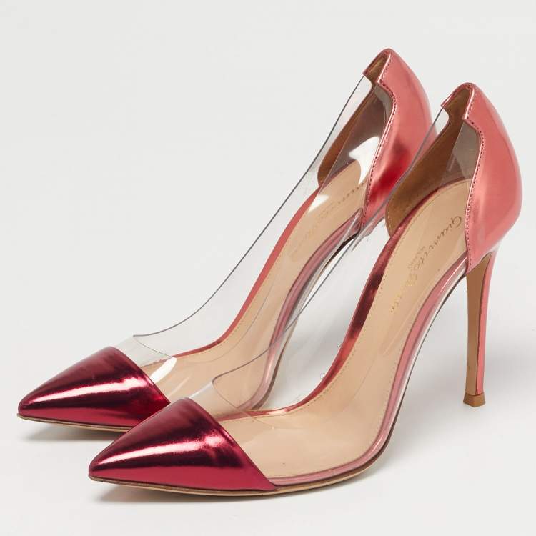 Pre Owned Gianvito Rossi Pink/Transparent Leather And PVC Plexi Pointed Toe Pumps Size 37.5