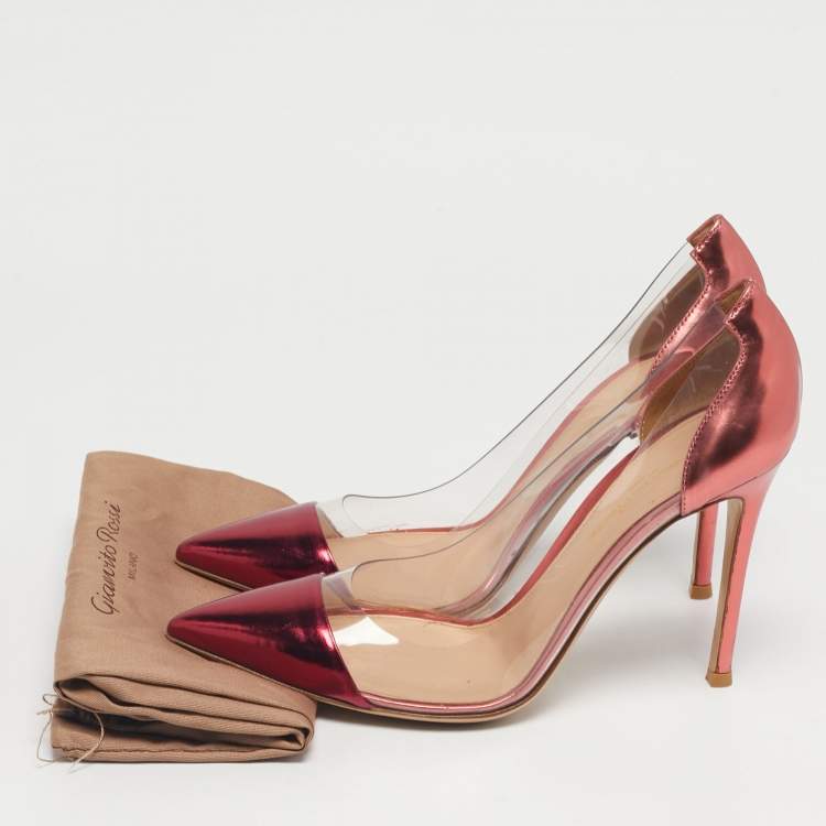 Pre Owned Gianvito Rossi Pink/Transparent Leather And PVC Plexi Pointed Toe Pumps Size 37.5