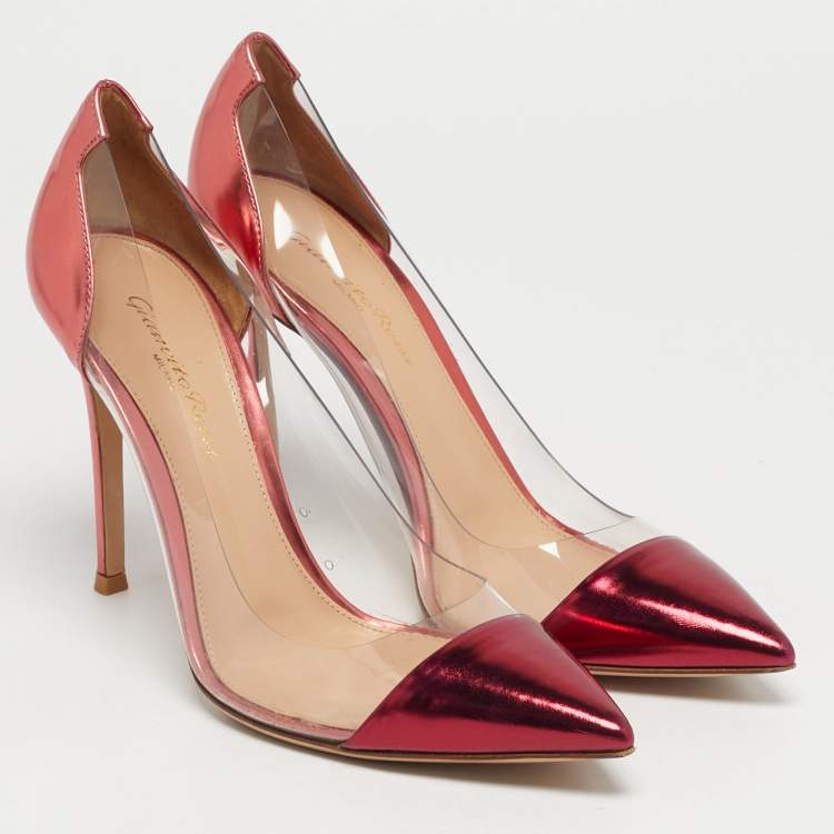 Pre Owned Gianvito Rossi Pink/Transparent Leather And PVC Plexi Pointed Toe Pumps Size 37.5