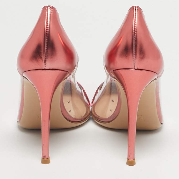 Pre Owned Gianvito Rossi Pink/Transparent Leather And PVC Plexi Pointed Toe Pumps Size 37.5