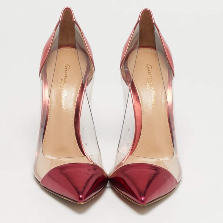 Pre Owned Gianvito Rossi Pink/Transparent Leather And PVC Plexi Pointed Toe Pumps Size 37.5