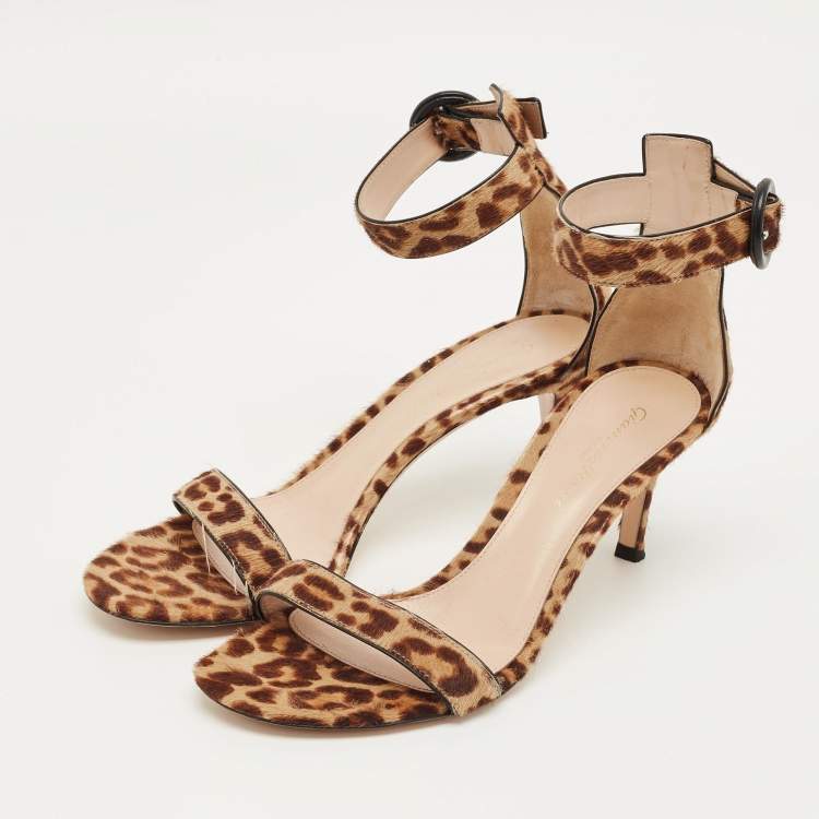Pre Owned Gianvito Rossi Brown/Beige Leopard Print Calf Hair Portofino Ankle Strap Sandals Size 36.5
