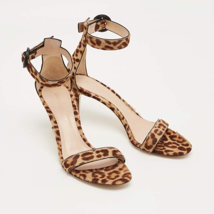 Pre Owned Gianvito Rossi Brown/Beige Leopard Print Calf Hair Portofino Ankle Strap Sandals Size 36.5