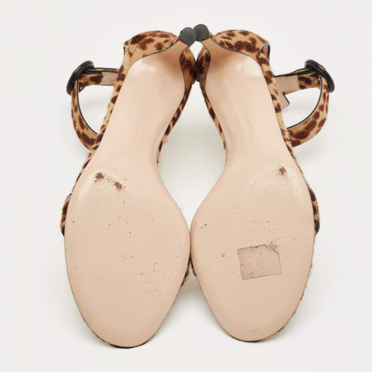 Pre Owned Gianvito Rossi Brown/Beige Leopard Print Calf Hair Portofino Ankle Strap Sandals Size 36.5