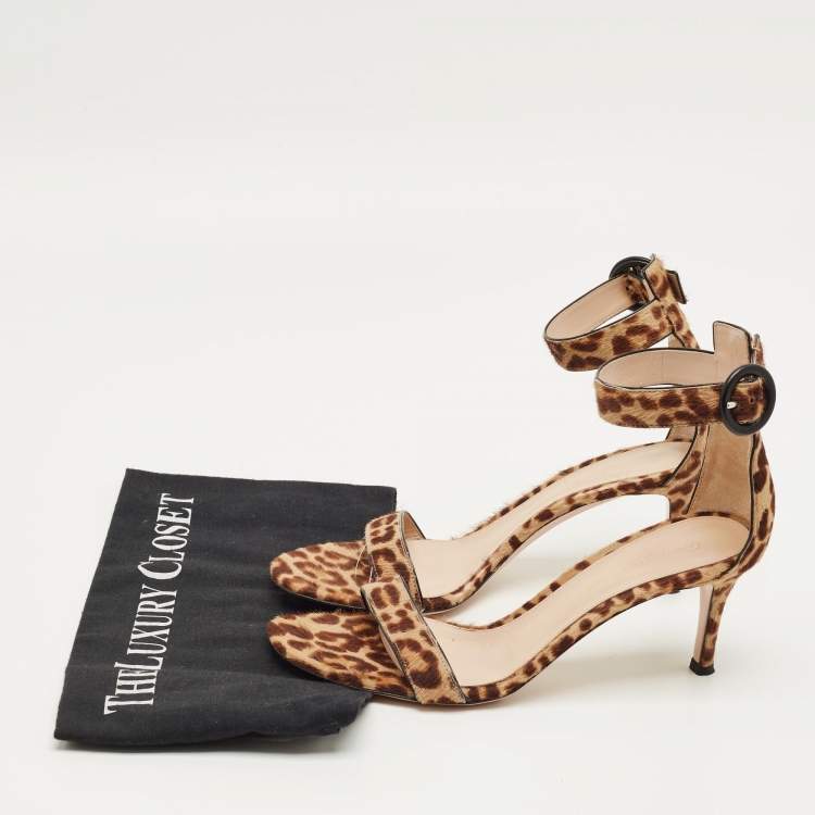 Pre Owned Gianvito Rossi Brown/Beige Leopard Print Calf Hair Portofino Ankle Strap Sandals Size 36.5