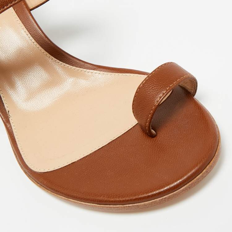 Pre Owned Gianvito Rossi Brown Leather Ring Toe Block Heel Slide Sandals Size 36.5