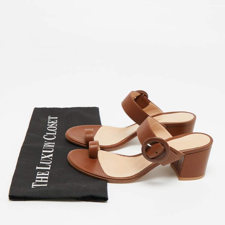 Pre Owned Gianvito Rossi Brown Leather Ring Toe Block Heel Slide Sandals Size 36.5