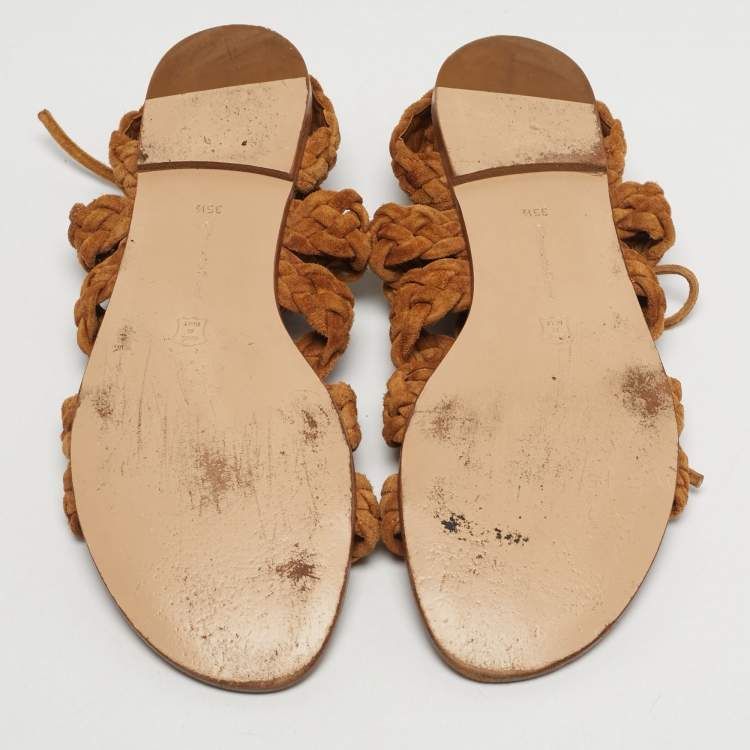 Pre Owned Gianvito Rossi Brown Ankle Tie Flat Sandals Size 35.5