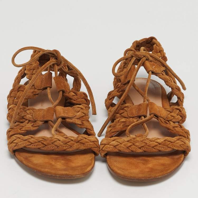 Pre Owned Gianvito Rossi Brown Ankle Tie Flat Sandals Size 35.5