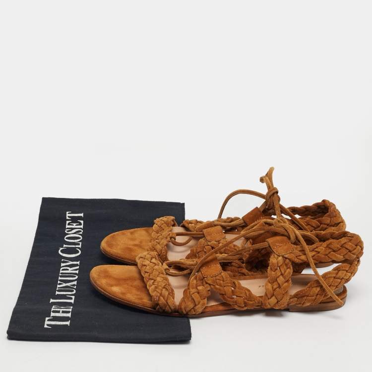 Pre Owned Gianvito Rossi Brown Ankle Tie Flat Sandals Size 35.5