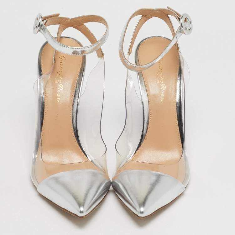 مملوكة مسبقًا Gianvito Rossi Transparent/Silver Leather and PVC Ankle Strap Pumps Size 38