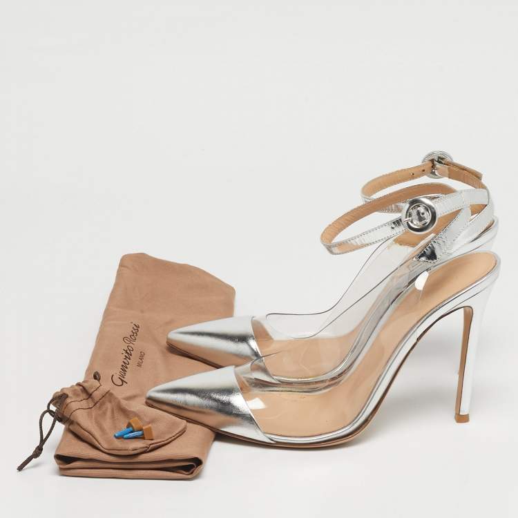 مملوكة مسبقًا Gianvito Rossi Transparent/Silver Leather and PVC Ankle Strap Pumps Size 38