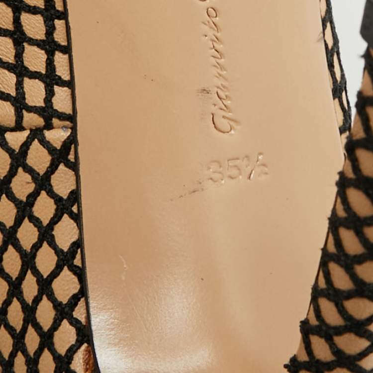 Pre Owned Gianvito Rossi  Beige/Black Leather Fishnet Ankle Strap Pumps Size 35.5