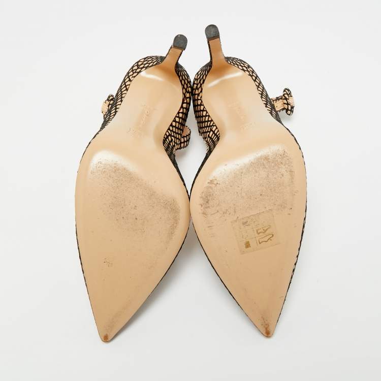 Pre Owned Gianvito Rossi  Beige/Black Leather Fishnet Ankle Strap Pumps Size 35.5