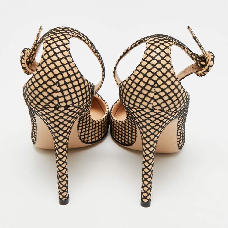 Pre Owned Gianvito Rossi  Beige/Black Leather Fishnet Ankle Strap Pumps Size 35.5