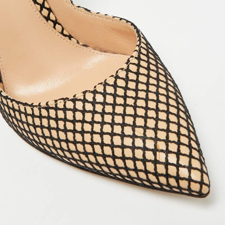 Pre Owned Gianvito Rossi  Beige/Black Leather Fishnet Ankle Strap Pumps Size 35.5