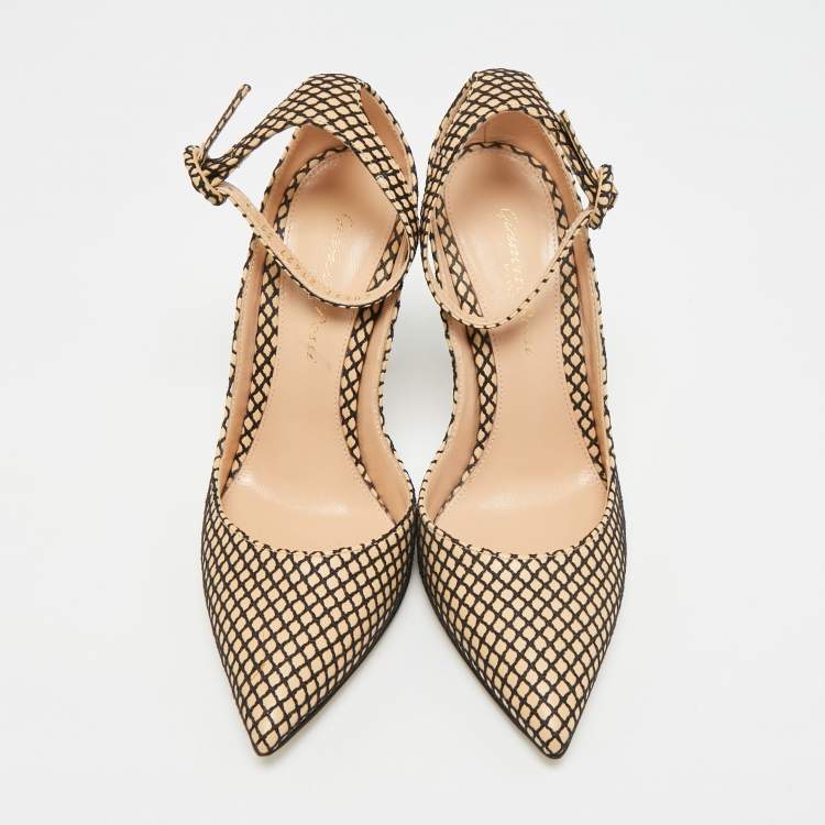Pre Owned Gianvito Rossi  Beige/Black Leather Fishnet Ankle Strap Pumps Size 35.5