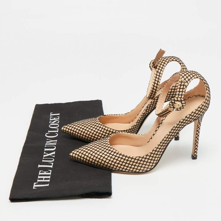 Pre Owned Gianvito Rossi  Beige/Black Leather Fishnet Ankle Strap Pumps Size 35.5
