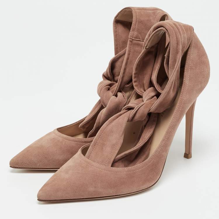 Pre Owned Gianvito Rossi Gala Size 40.5 Beige Suede Ankle Wrap Pumps