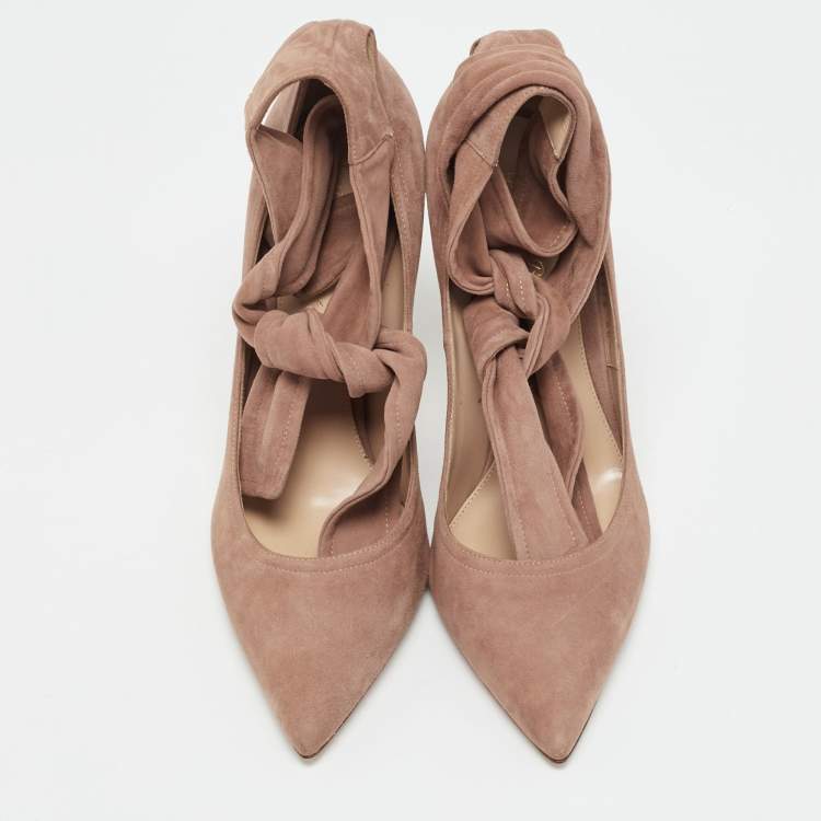 Pre Owned Gianvito Rossi Gala Size 40.5 Beige Suede Ankle Wrap Pumps