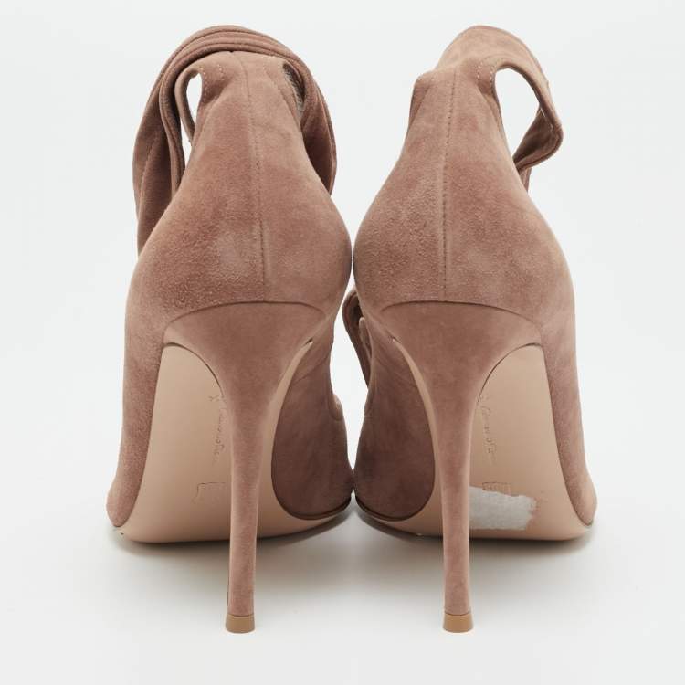 Pre Owned Gianvito Rossi Gala Size 40.5 Beige Suede Ankle Wrap Pumps