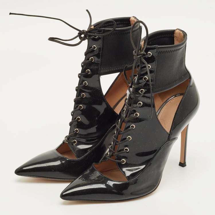 Pre Owned Gianvito Rossi Size 35.5 Black Patent Leather Pointed Toe Lace Up Ankle Length Boots