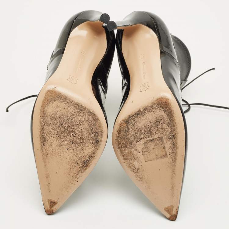 Pre Owned Gianvito Rossi Size 35.5 Black Patent Leather Pointed Toe Lace Up Ankle Length Boots