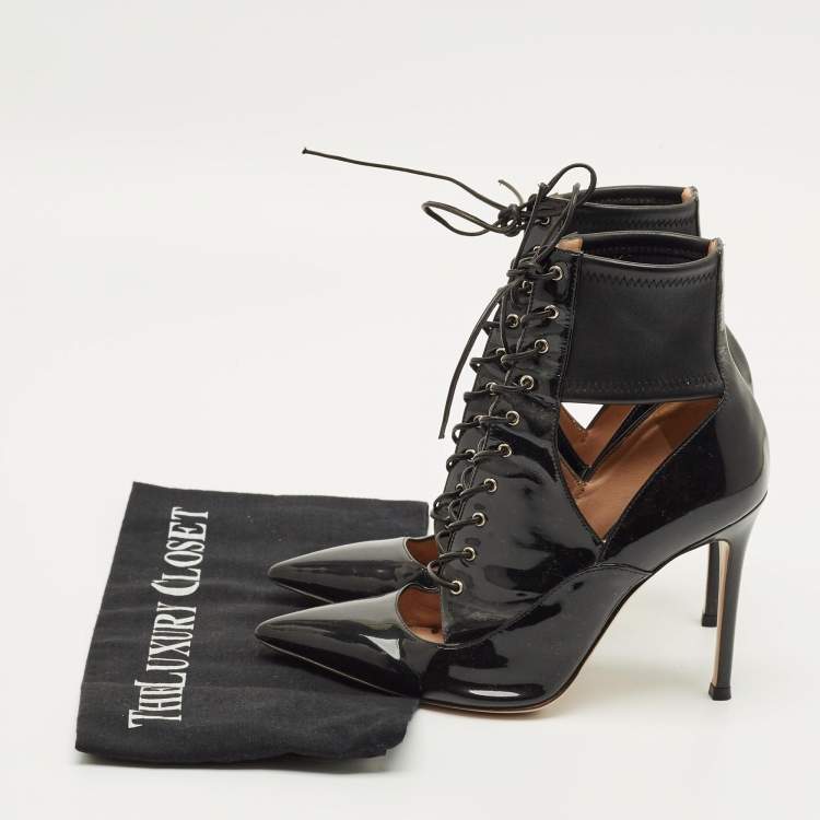 Pre Owned Gianvito Rossi Size 35.5 Black Patent Leather Pointed Toe Lace Up Ankle Length Boots