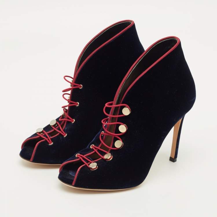 Pre Owned حذاء بوت كاحل جينفيتو روسي "ميرال" دانتيل علوي مخملي أزرق بحري مقاس 35.5