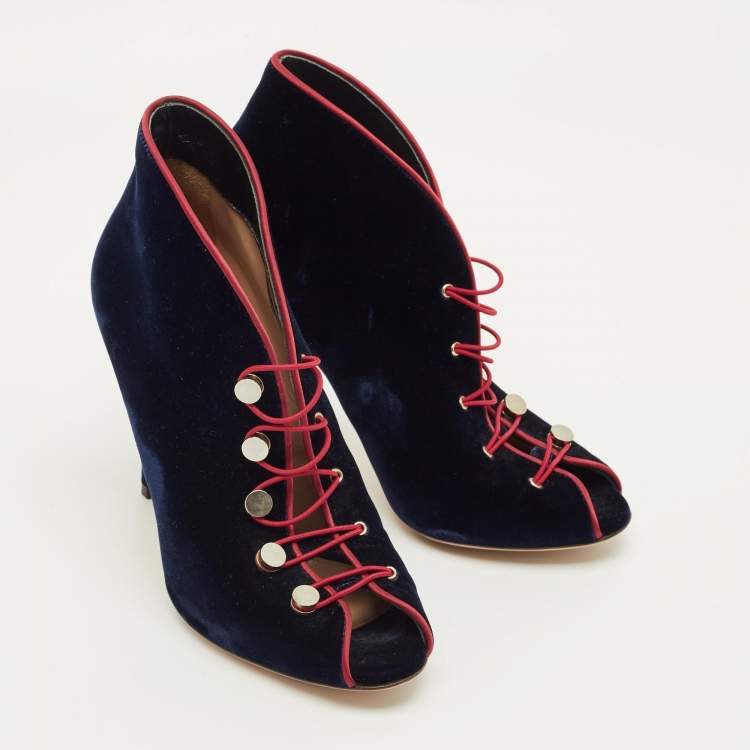 Pre Owned حذاء بوت كاحل جينفيتو روسي "ميرال" دانتيل علوي مخملي أزرق بحري مقاس 35.5