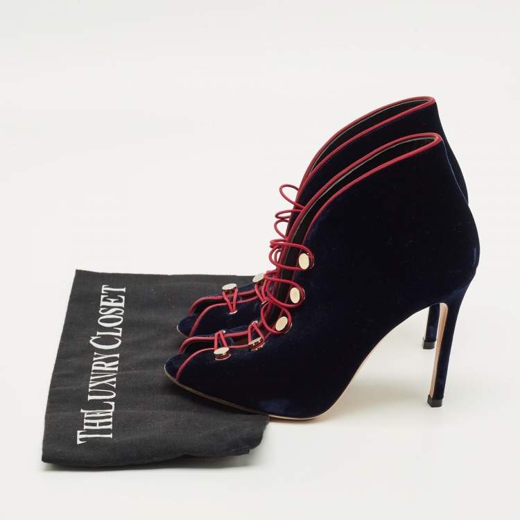 Pre Owned حذاء بوت كاحل جينفيتو روسي "ميرال" دانتيل علوي مخملي أزرق بحري مقاس 35.5