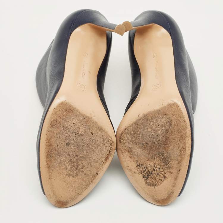 Pre Owned Gianvito Rossi High Vamp Size 35.5 Navy Blue Leather Peep Toe Pumps