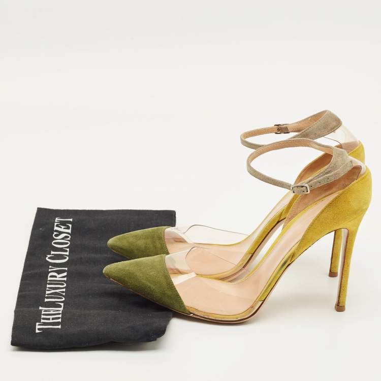 Pre Owned Gianvito Rossi Size 39.5 Olive Green/Yellow PVC and SuedeAnkle Strap  Pumps