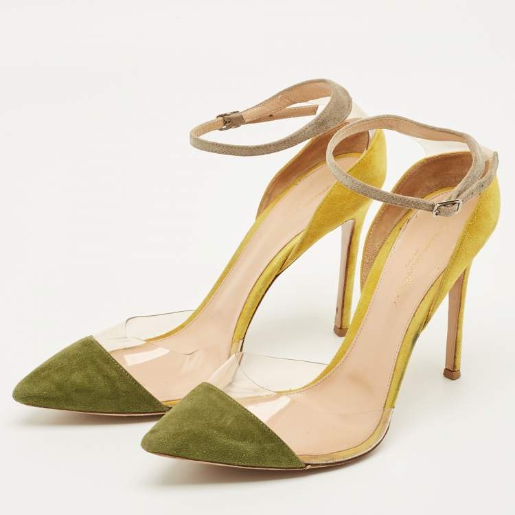 Pre Owned Gianvito Rossi Size 39.5 Olive Green/Yellow PVC and SuedeAnkle Strap  Pumps