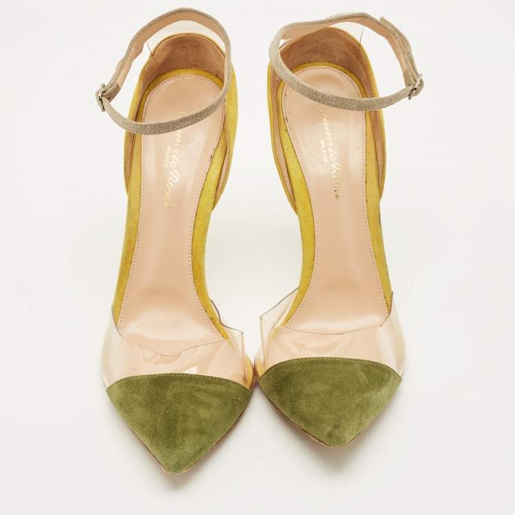 Pre Owned Gianvito Rossi Size 39.5 Olive Green/Yellow PVC and SuedeAnkle Strap  Pumps