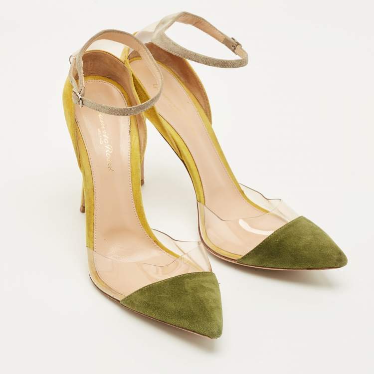 Pre Owned Gianvito Rossi Size 39.5 Olive Green/Yellow PVC and SuedeAnkle Strap  Pumps
