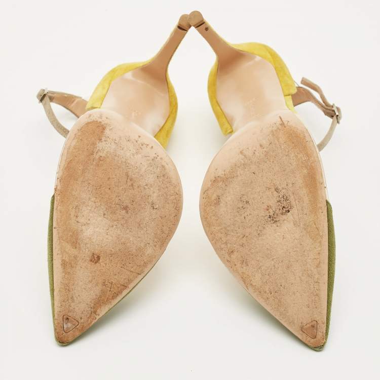 Pre Owned Gianvito Rossi Size 39.5 Olive Green/Yellow PVC and SuedeAnkle Strap  Pumps